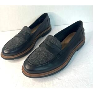 Clarks Raisie Eletta Black Leather/Denim SlipOn Comfort Penny Lug Sole Loafer 9